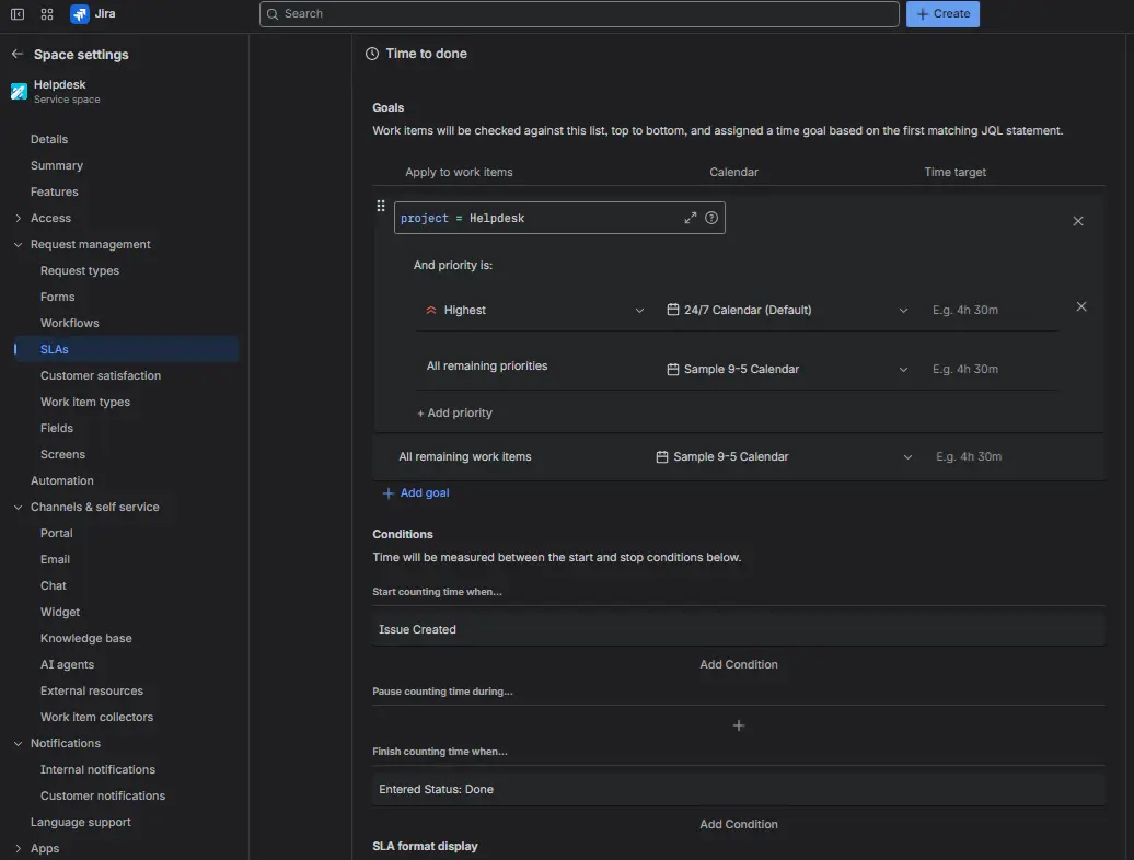 Sample Time to Done SLA configuration